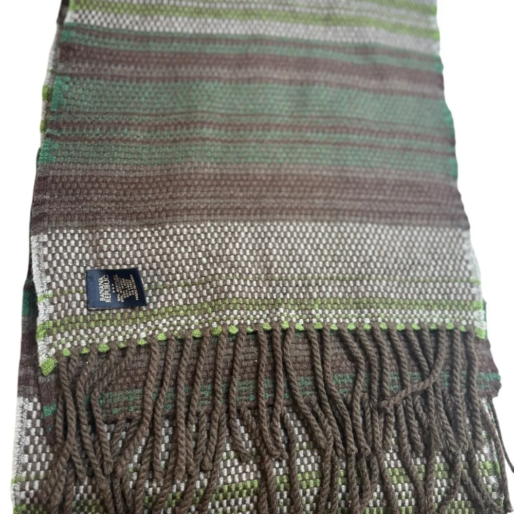 Banana Republic Wool Blend Scarf Green Brown & Cream Long Fringed Winter Scarf